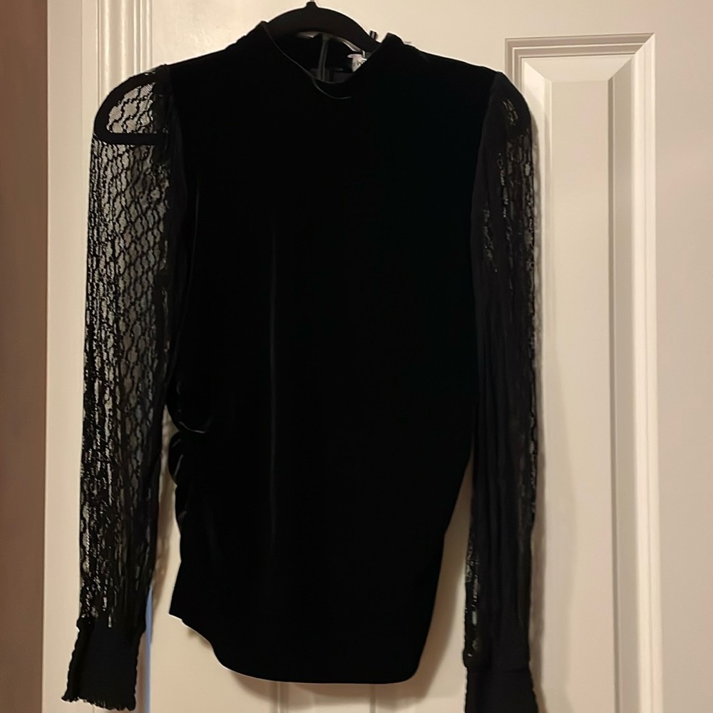 Black velvet top lace sleeves ruched sides